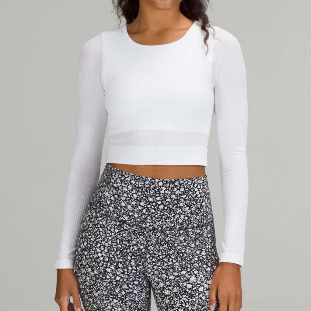 Lululemon Ebb To Street Long Sleeve White Built-In Bra Ribbed Crop Top